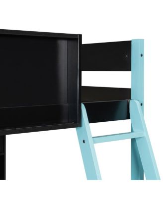 Full Size Wood Loft Bed with Desk, Ample Storage Space and Light