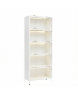 Iron Display Cabinet with Glass Doors, 5-Tier Steel Bookcase with LED Lights