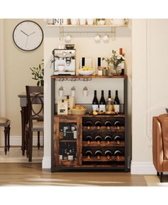 3 Tier Wine Bar Cabinet with LED, Detachable Wine Rack, Glass Holder & Mesh Door – Storage Buffet for Kitchen, Living Room & Bar