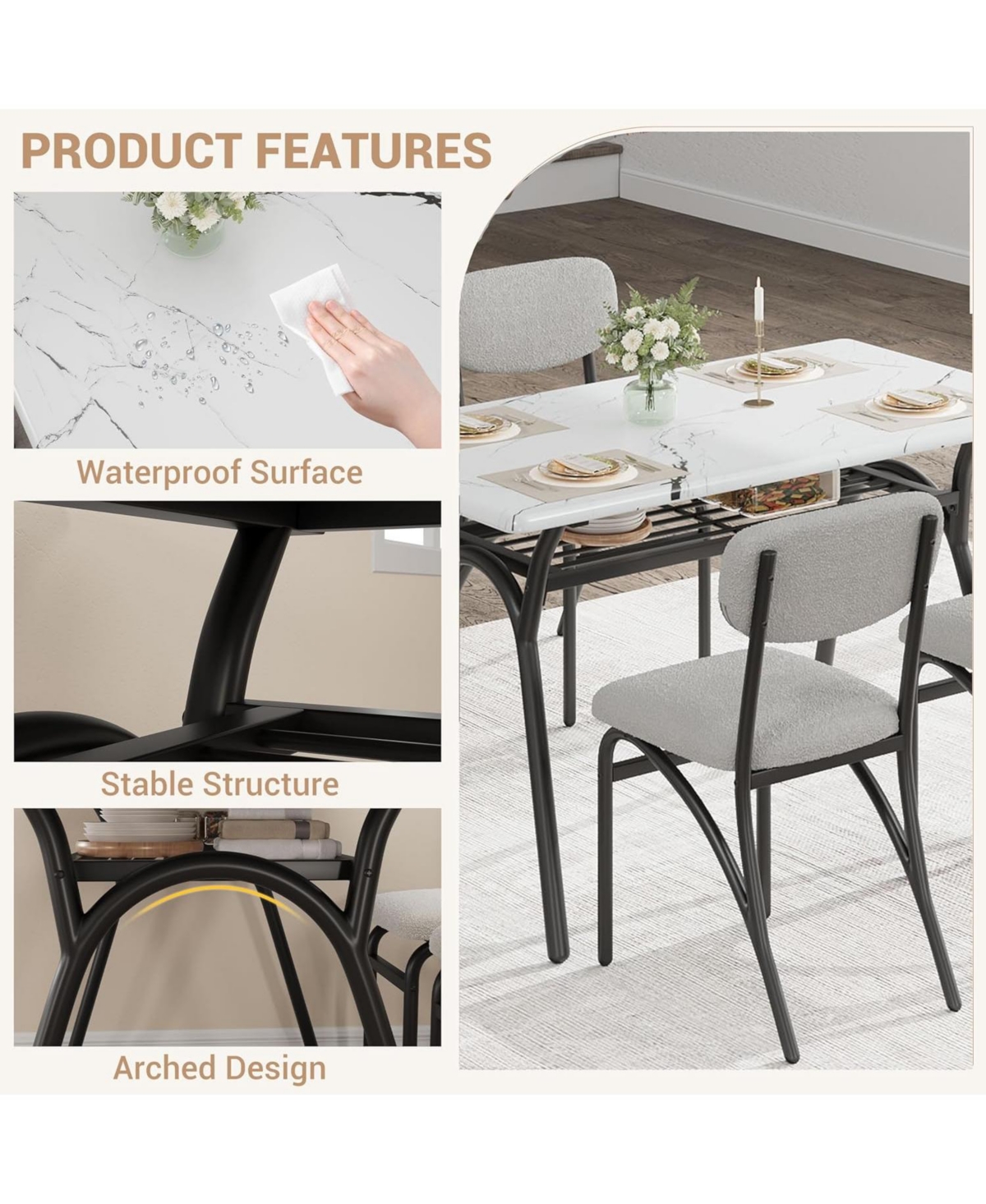 gaomon Dining Table Set for 4 Modern Kitchen Table and Chairs Set Boucle Chairs Sets Dining Table with Storage Shelf and Metal Legs