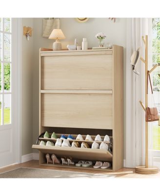 Natural Oak Freestanding Shoe Cabinet - 3 Flip Drawers + Drawer Adjustable Wooden Entryway Organizer