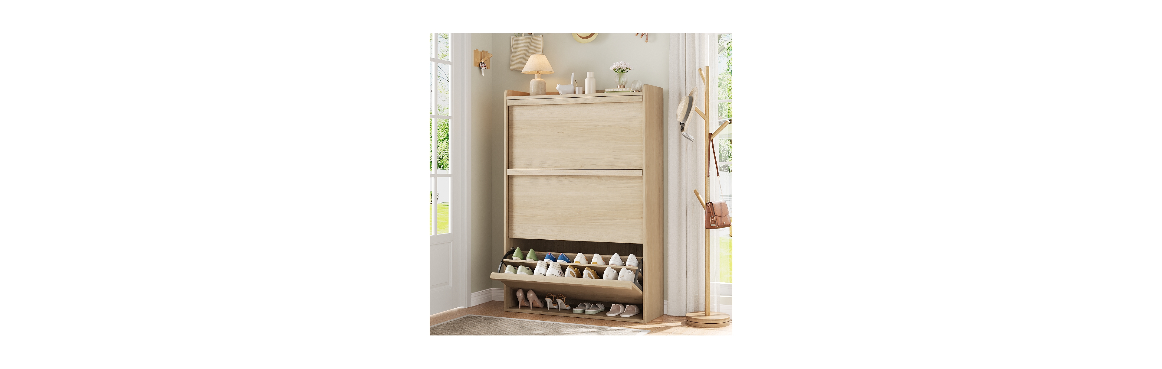 Gaomon Natural Oak Freestanding Shoe Cabinet