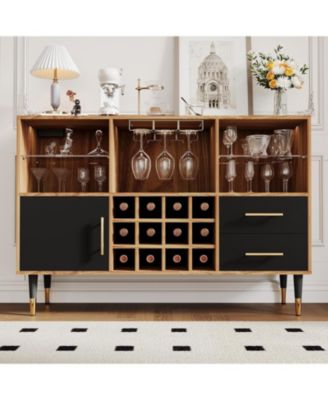 47" Wine Bar Cabinet with LED Lights & Charging Station, Modern Wood Coffee Bar Sideboard with Storage for Living Room & Dining