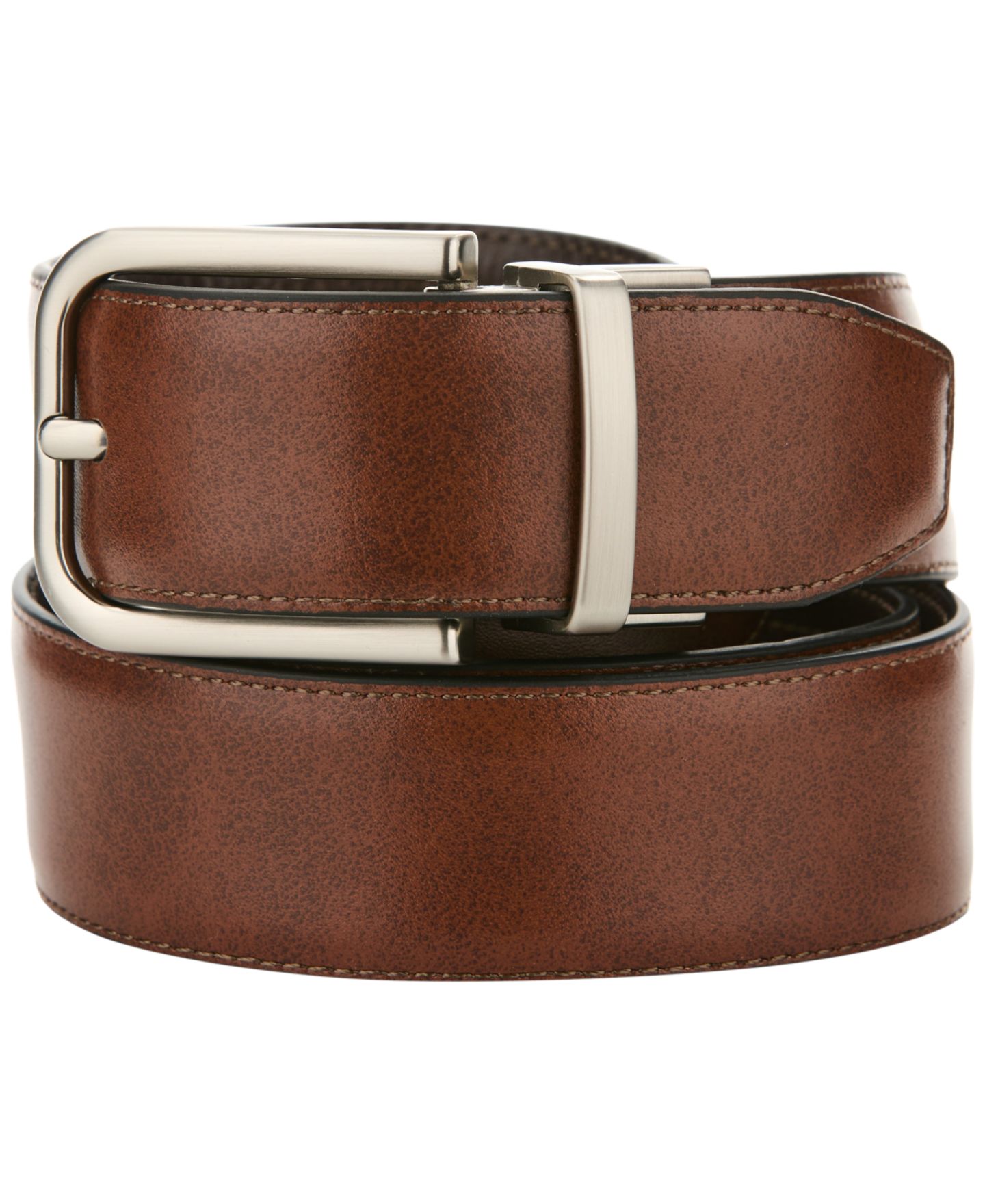 Мужской ремень Perry Ellis Portfolio Classic Stitch Leather Dress Belt, цвет: Коричневый — фото 3