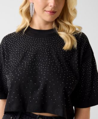 Women's Rhinestone Embellished Crewneck Cropped T-Shirt