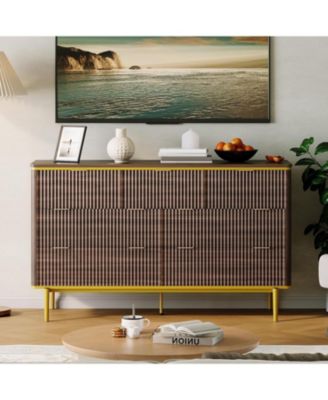 7 Drawers Dresser for Bedroom, 54in Wide Fluted Chest of Drawers Dresser Wood Storage Cabinet Curved Design TV Stand with Metal Handles