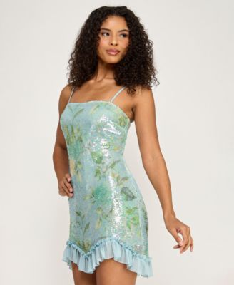 Juniors' Floral Sequin Ruffle-Hem Slim Dress