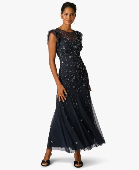 Petite Bead Mesh Ball Gown - Midnight