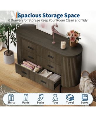 Fluted 6 Drawer Dresser for Bedroom, 59in Large Mid Century Modern Wooden Chest Dresser TV Stand with Curved Profile Design and Gold Handles