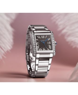 Elan Women s Rectangular Quartz Watch, Black Dial, Silver-Tone Stainless Steel Bracelet, Roman Numeral Dial & Date