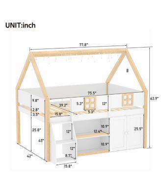 loft bed with Step Staircase, Shelving, Cabinets & LED lights