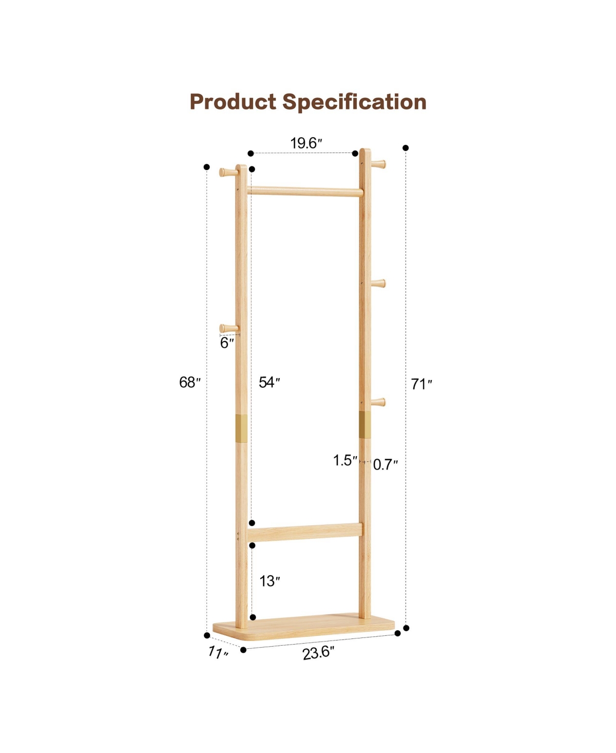 Rainsken Solid Wood Coat Rack, Freestanding Clothes Organizer with Hanging Rod, Hooks, Storage Stand for Coats and Bags, Perfect for Entryway