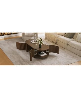  Oval Fluted Coffee Table with Storage, Rubber Solid Wood, Walnut, 47