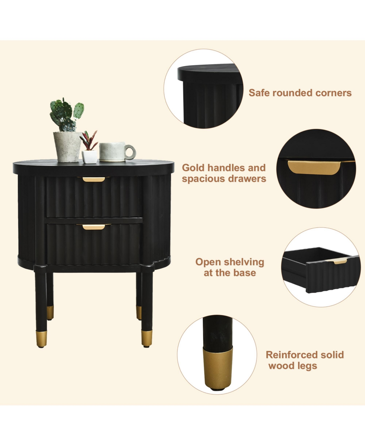 Rainsken 1-Pc Solid Wood Gold-Handle Nightstand Furniture