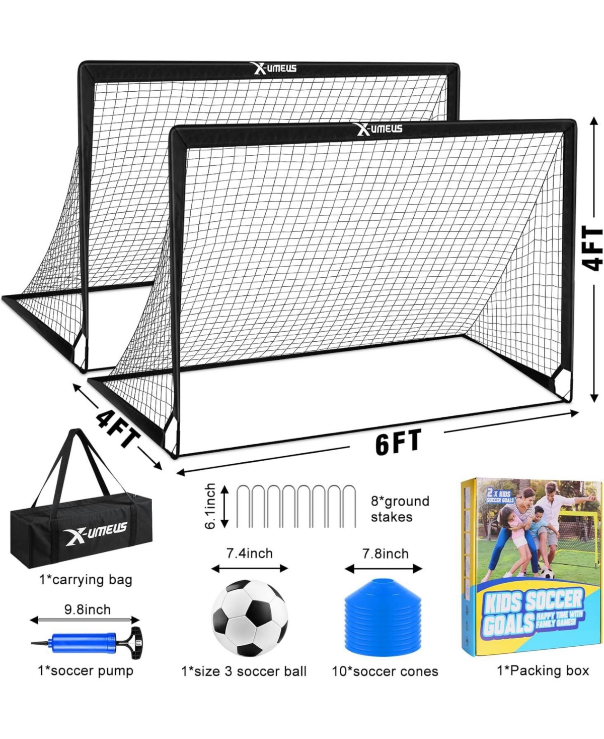 X-umeus Set of 2 Kids 6x4ft Soccer Goals with Ball, Cones & Pop-Up Nets – Backyard Training Equipment for Ages 3-12, Outdoor Sports Gifts