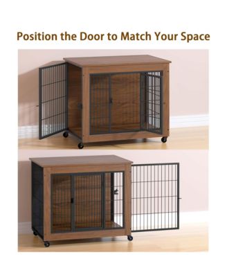 32.5" Dog Crate Furniture End Table with Wheels, 2-Door Heavy Duty Kennel for Small Dogs