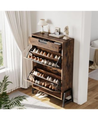 Shoe Storage Cabinet with 2 Flip Drawers and 1 Drawer, Entryway Shoe Organizer with Drawer, Freestanding Hidden Narrow Shoe Rack Cabinet