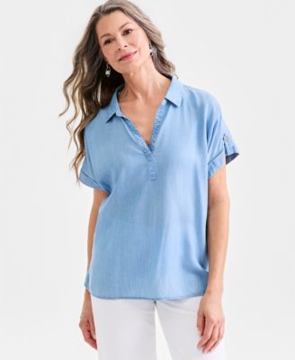 Women's Chambray Collared Popover Top