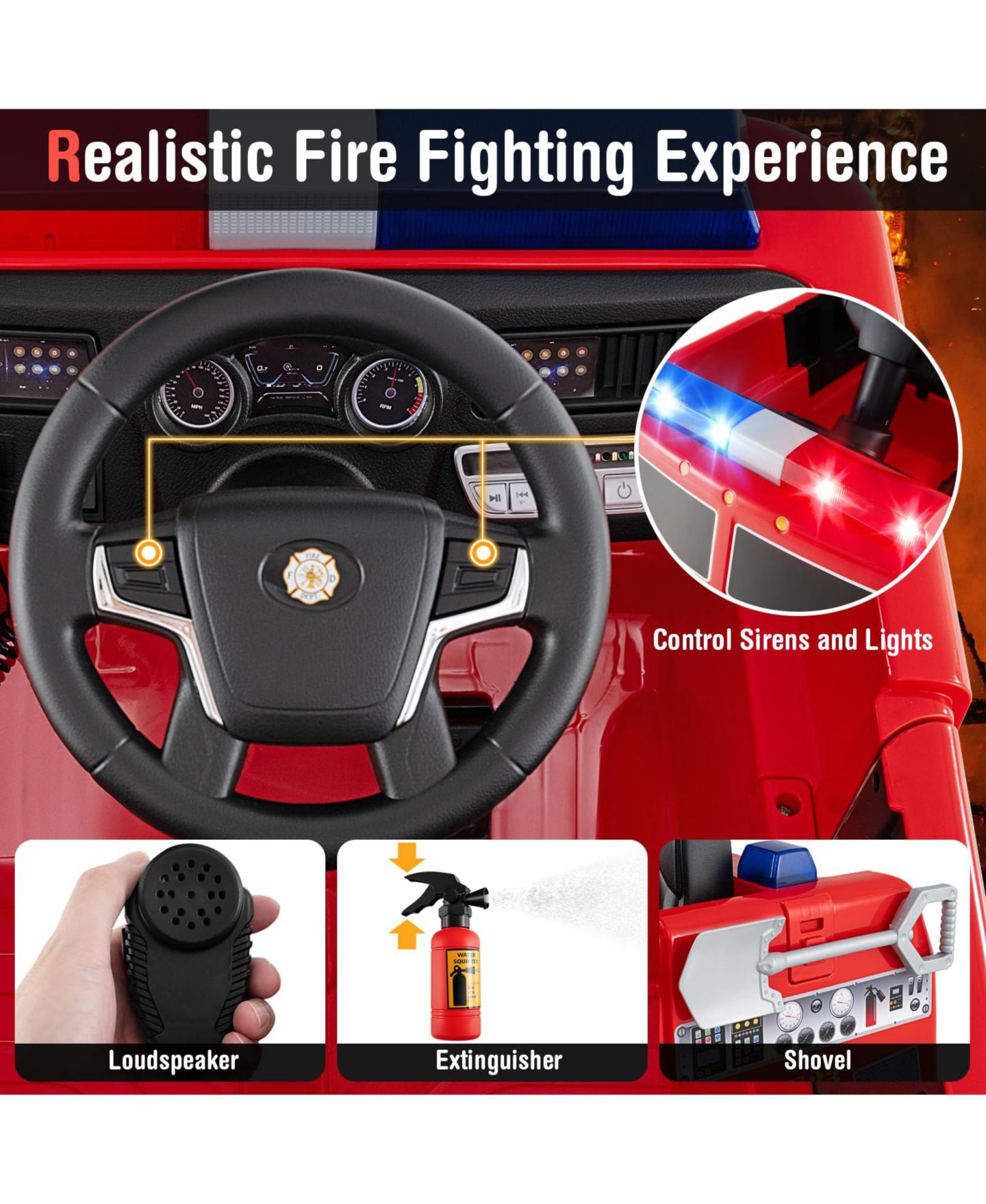 Детская игрушка Mecale Kids Ride-On Fire Truck with Remote Control and Dual Driving Modes, 1-Player, Ages 3-8, цвет: Красный — фото 4