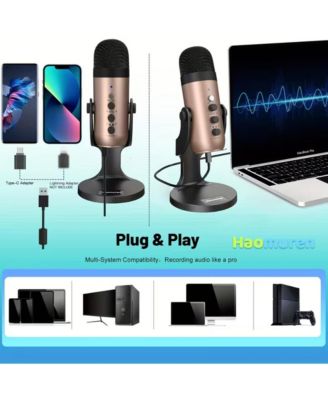 Haomuren USB K66 condenser mic with Type C adapter plug and play for PC/mobile with headphone output plus volume & gain controls for gaming