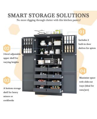 Freestanding Kitchen Pantry Cabinet, 4 Doors, 8 Trays
