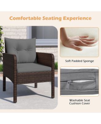 Set of 3 Outdoor Patio PE Wicker Furniture Set w/Cushions & Tempered Glass Coffee Table