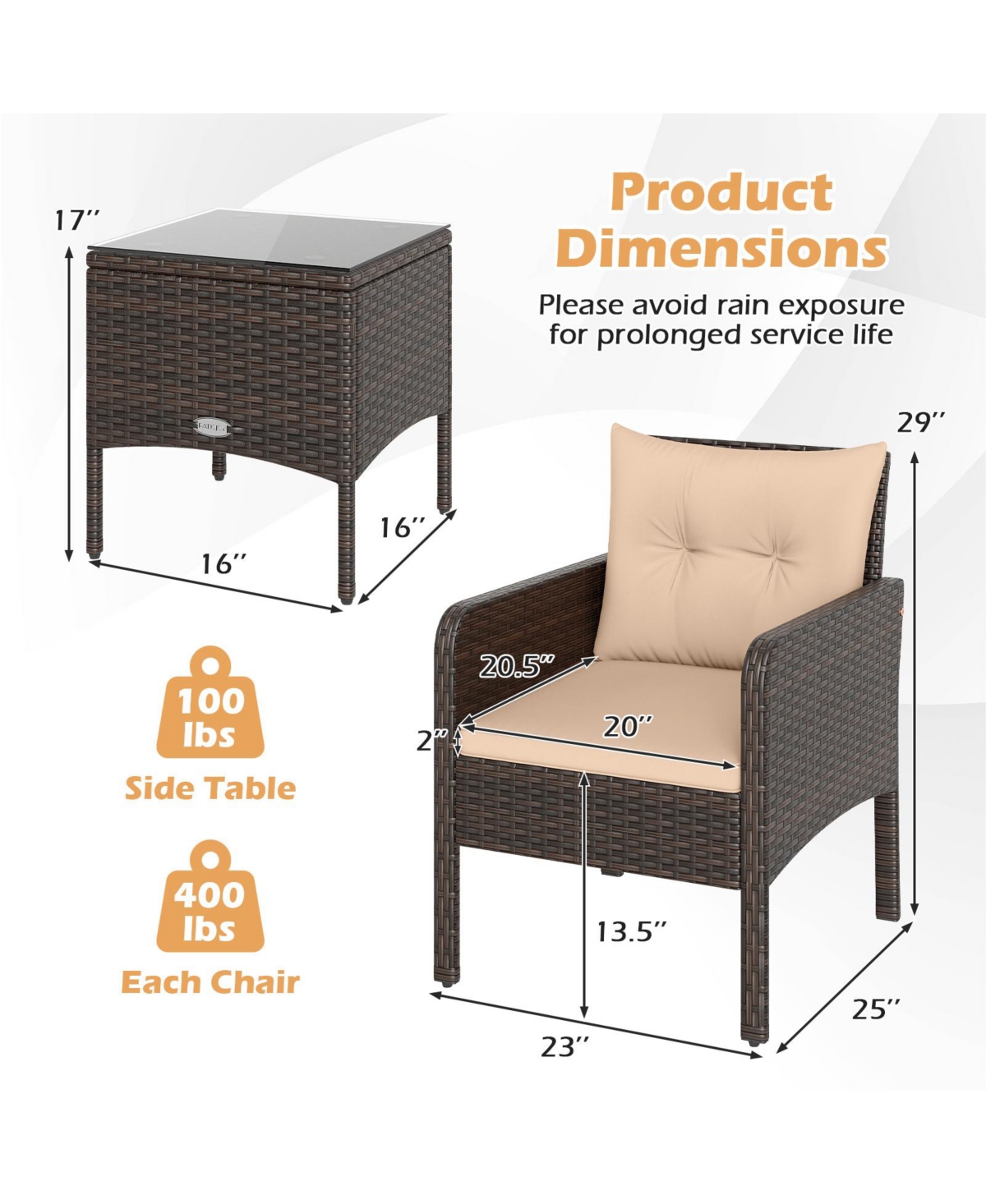 Gymax Set of 3 Outdoor Patio Pe Wicker Furniture Set w/Cushions and Tempered Glass Coffee Table