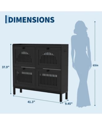 Shoe Cabinet with 4 Flip Drawers, Wooden Organizer with Hollow Panels & Black Handles