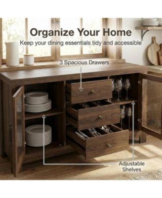 Buffet Sideboard Cabinet, Wood Storage with 2 Glass Doors & 3 Drawers, Coffee Bar and TV Stand for Living Room
