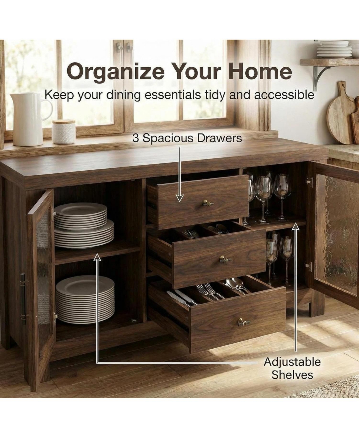 gaomon Buffet Sideboard Cabinet, Wood Storage with 2 Glass Doors & 3 Drawers, Coffee Bar and Tv Stand for Living Room