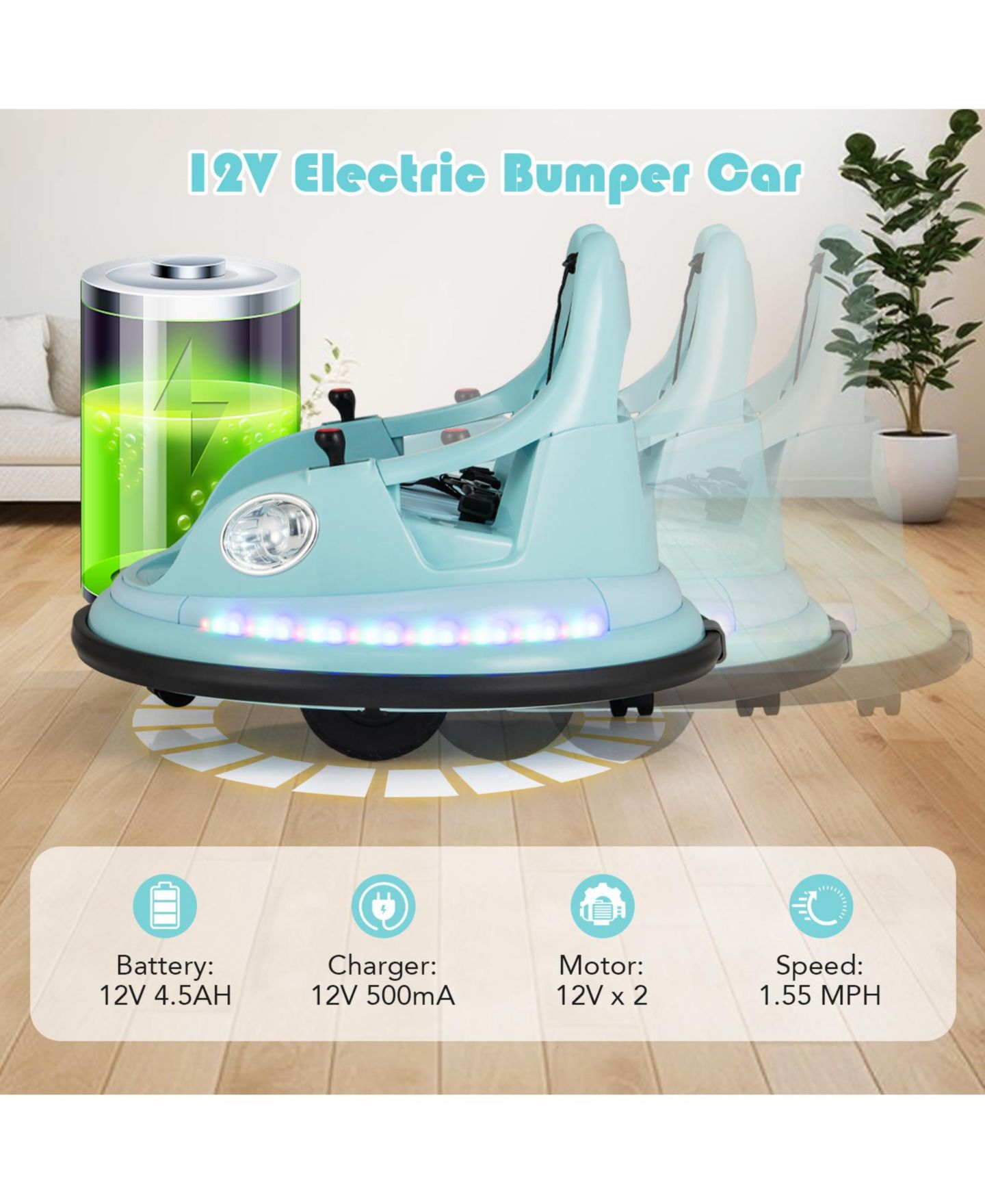Детская игрушка Mecale 12V Spinning Bumper Car with Remote Control Ride-On, 26.5"L x 25.5"W x 19"H, 3–8 лет, цвет: Синий — фото 6
