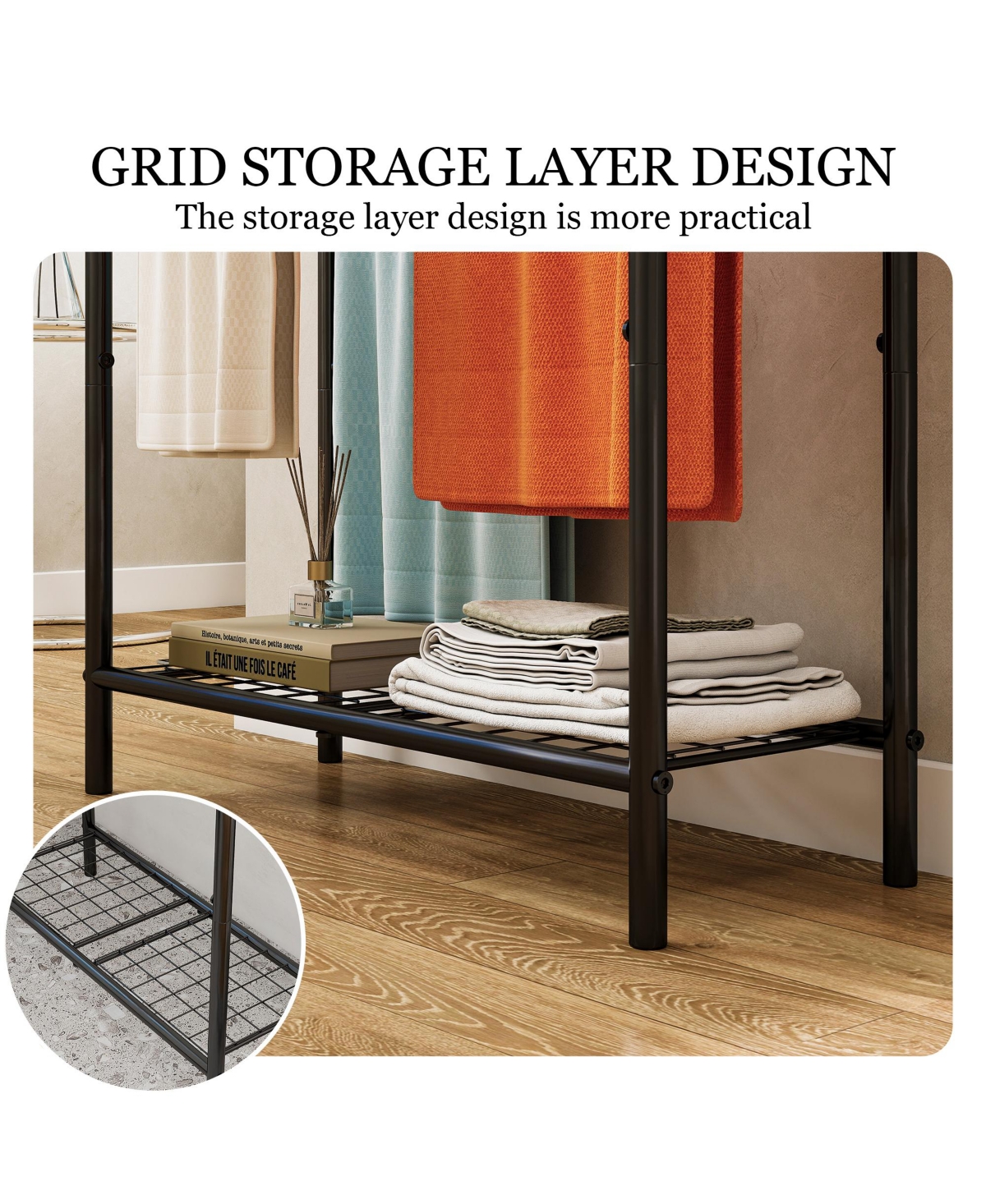 Rainsken 3 Tier Metal Towel Rack, Freestanding Towel Holder with Mesh Shelf, Display Rack for Bedroom