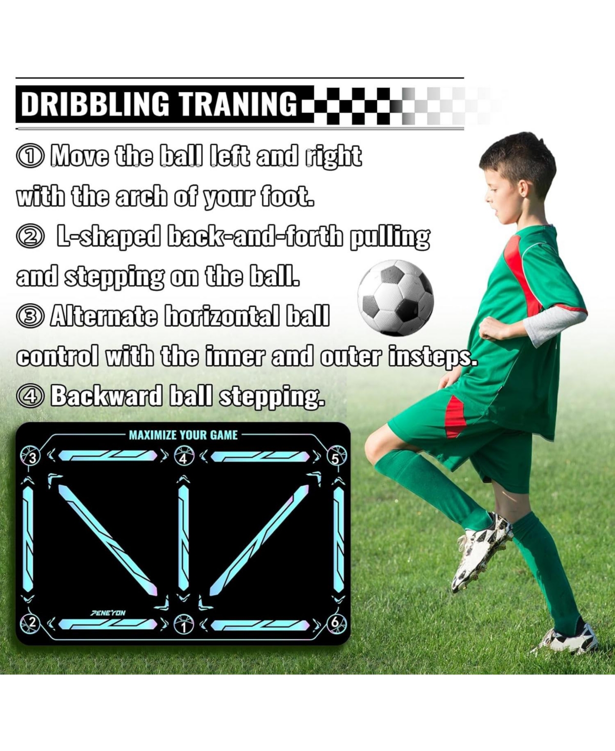 peneyon Soccer Training Mat with Adjustable Trainer – Non-Slip Equipment for Kids & Youth to Boost Speed, Strength & Coordination