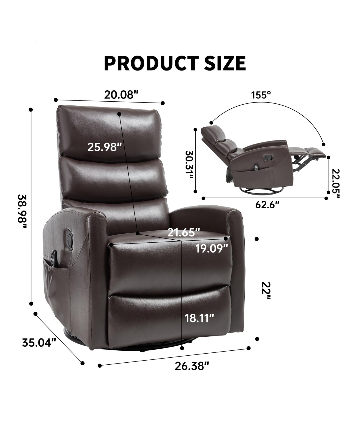 Boyel Living Manual Recliner Chair with Heat & Massage for Room, Faux Leather - Rocker Swivel Chair.