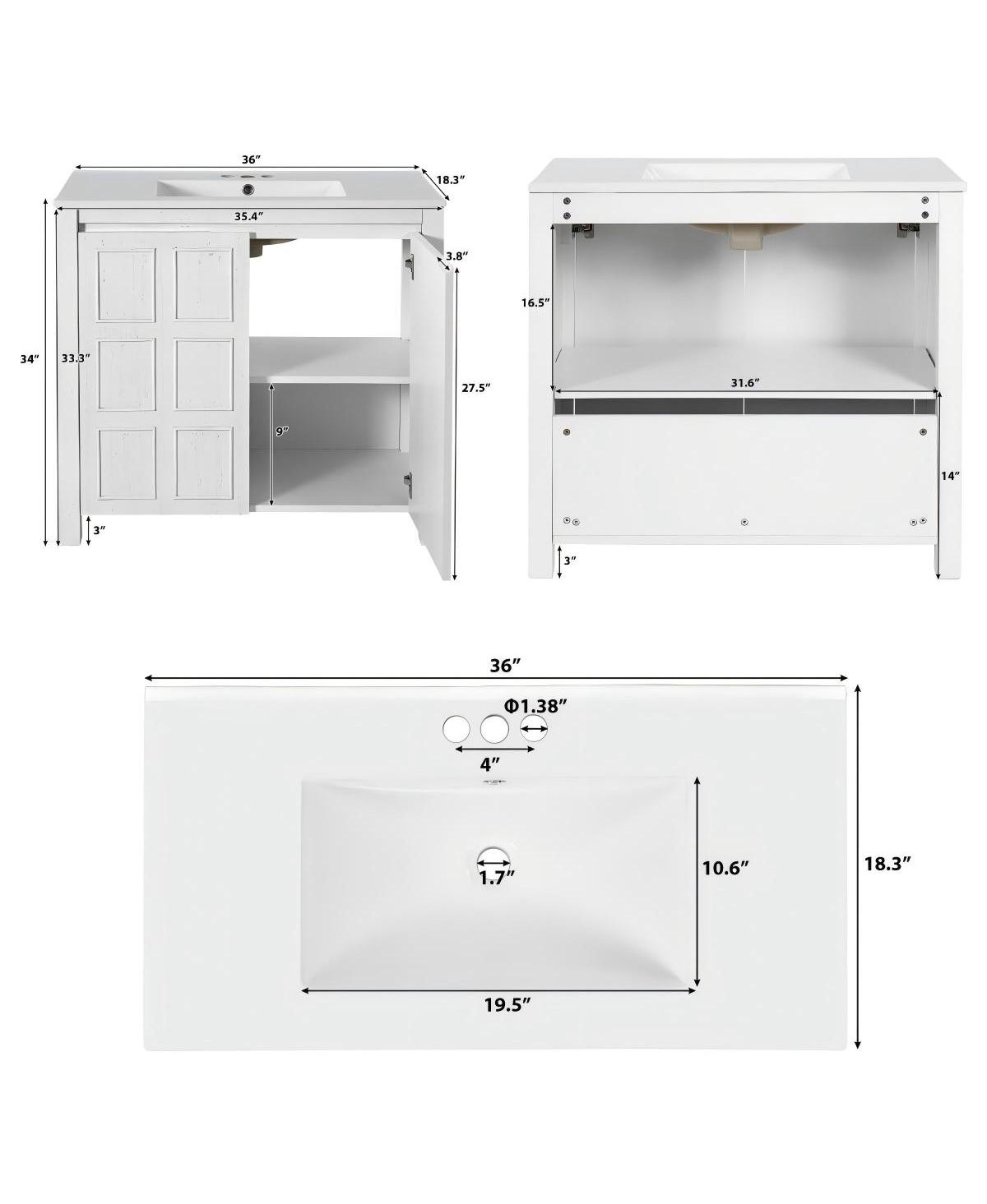 Sillysis 36" Retro Bathroom Vanity with Ceramic Sink, Solid Wood Frame and Soft Close Doors, Spacious Storage Cabinet for Modern Bathrooms.