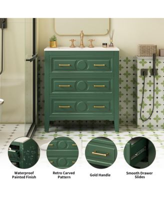 30" Bathroom Vanity with Ceramic Sink, Retro Solid Wood Cabinet & 3 Drawer Storage for Small Spaces