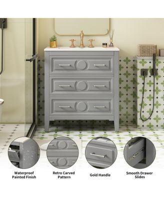 30" Bathroom Vanity with Ceramic Sink, Retro Solid Wood Cabinet & 3 Drawer Storage for Small Spaces