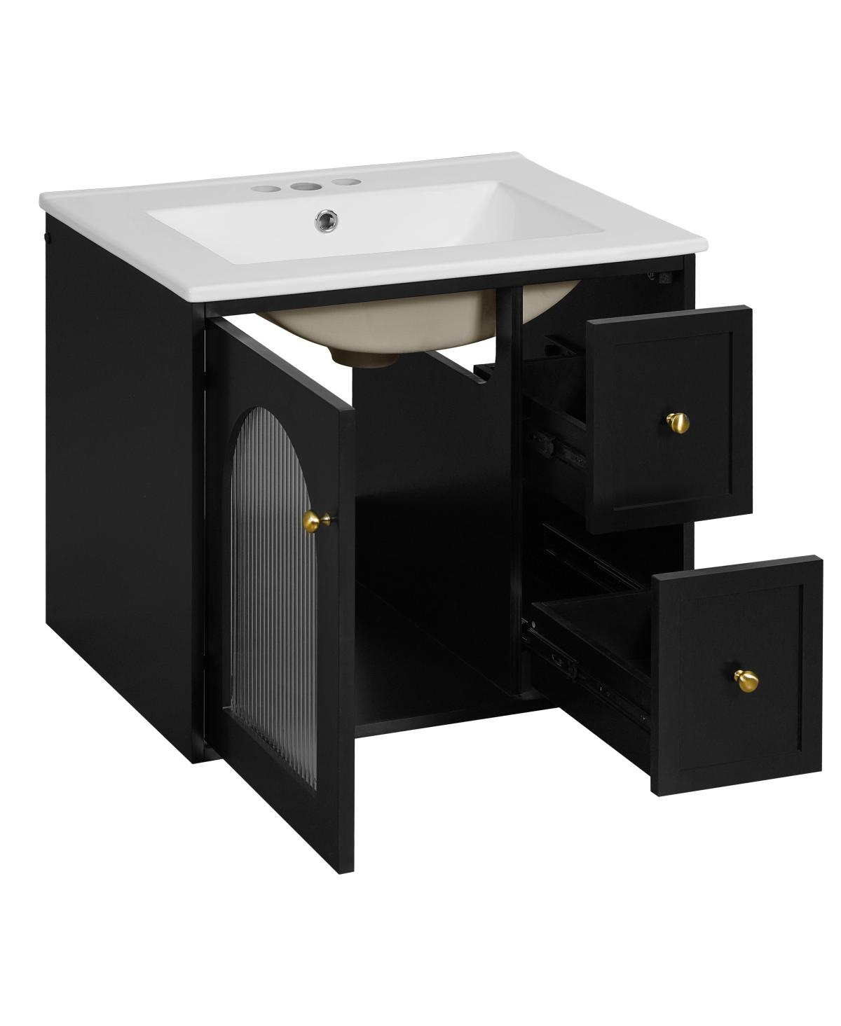 Sillysis 24" Wall Mount Bathroom Vanity with Glass Door, Ceramic Sink & 2 Drawers, Space Saving Storage for Small Bathrooms-Sillysis