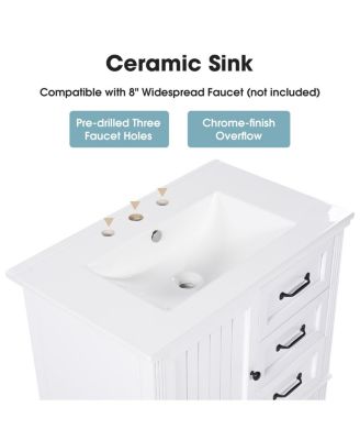 30" Modern Bathroom Vanity with Ceramic Sink, Freestanding Acacia Wood MDF Cabinet with 3 Drawers & Door