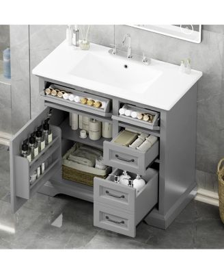 36" Bathroom Vanity with Ceramic Sink, Classic Modern Rubber Wood Cabinet & Ample Drawer Storage for Small Spaces