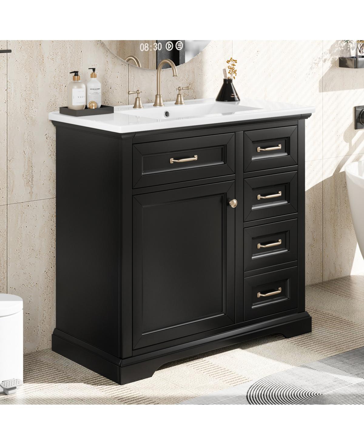 Sillysis 36" Bathroom Vanity with Ceramic Sink, Classic Modern Rubber Wood Cabinet & Ample Drawer Storage for Small Spaces