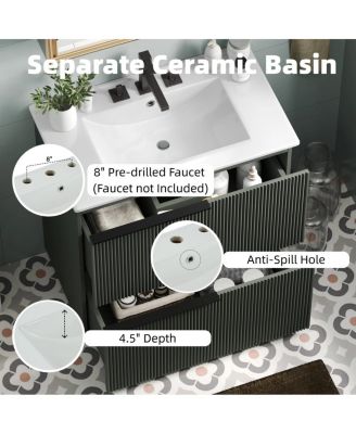 30" Modern Fluted Bathroom Vanity Cabinet with Ceramic Sink, Soft Close Drawers & Storage for Small Bathrooms