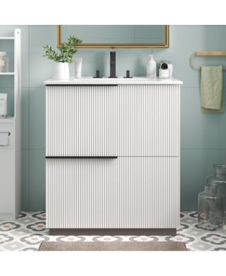30" Modern Fluted Bathroom Vanity Cabinet with Ceramic Sink, Soft Close Drawers & Storage for Small Bathrooms