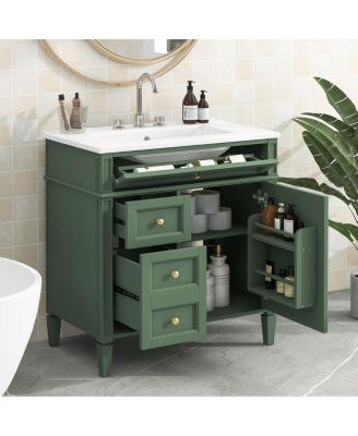 Bathroom Vanity with Ceramic Sink, Solid Wood Cabinet, Ample Storage Drawers Adjustable Shelf for Small