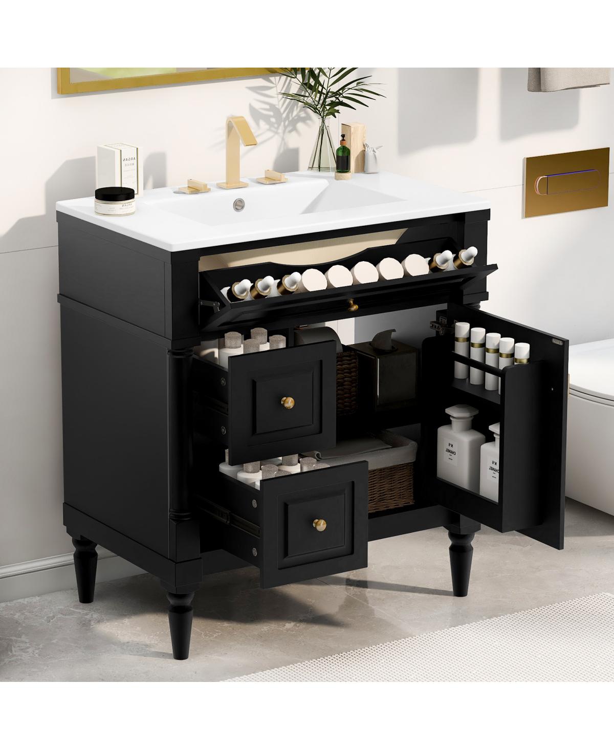 Sillysis 30" Bathroom Vanity with Ceramic Sink, Modern Solid Wood Freestanding Cabinet for Small Spaces