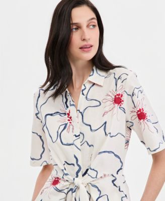 Women's Linen Belted Midi Dress