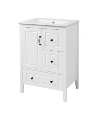 24" Light Green Bathroom Vanity with Ceramic Sink, Freestanding Retro MDF Cabinet, Soft-Close Drawers, Ample Storage for Small Spaces