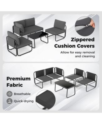 Set of 4 Patio Furniture Set w/Cushions & Tempered Glass Coffee Table for Garden