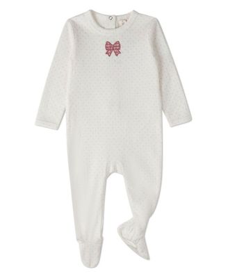 Baby Girls "Put A Bow On It" 100% Cotton Embroidered Polka-Dot Footie