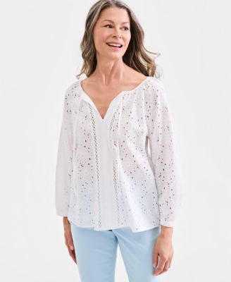 Women's Cotton Eyelet Split Neck Long-Sleeve Top